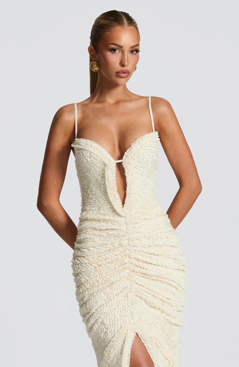 Flowering Girl Women Slit Pleated Bodycon Maxi Dress In Kahki