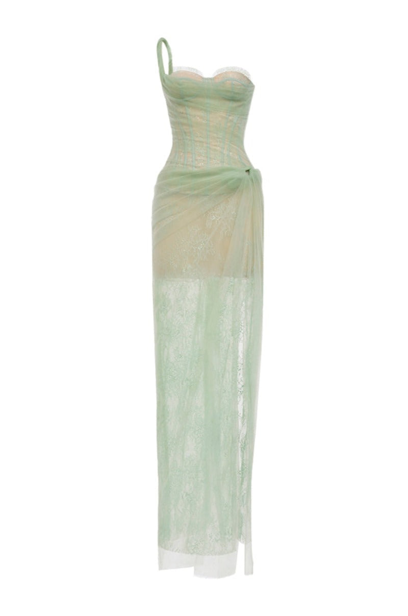 Mandy One-Shoulder Lace Tulle Maxi Dress In Mint