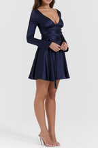 Flowering Girl Women Plunge v-Neck Mini Dress In Navy