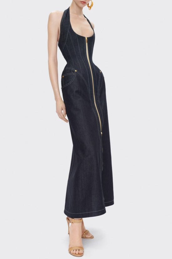 Flowering Girl Women Haltered Corseted Midi Dress Denim In Navy Blue