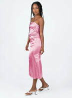 Pink Satin Halter Ruched Midi Dress with Back Bow
