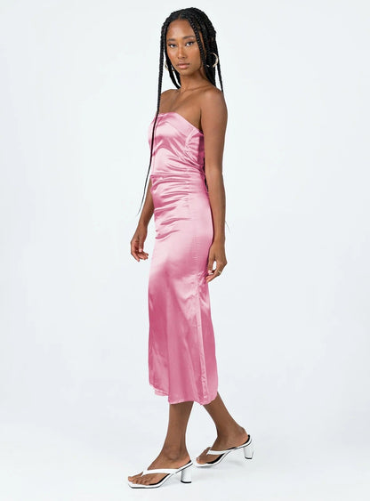 Pink Satin Halter Ruched Midi Dress with Back Bow