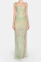 Mandy One-Shoulder Lace Tulle Maxi Dress In Mint