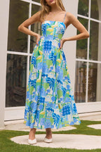 Flowering Girl Women Scalloped Trim Tropical Patchwork Print Spaghetti Strap Maxi Dress