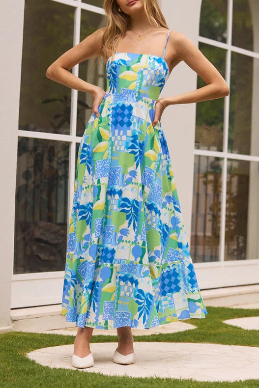 Scalloped Trim Tropical Patchwork Print Spaghetti Strap Maxi Dress