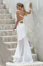 Lace-Up Beveled Back Satin Maxi Dress In Ivory
