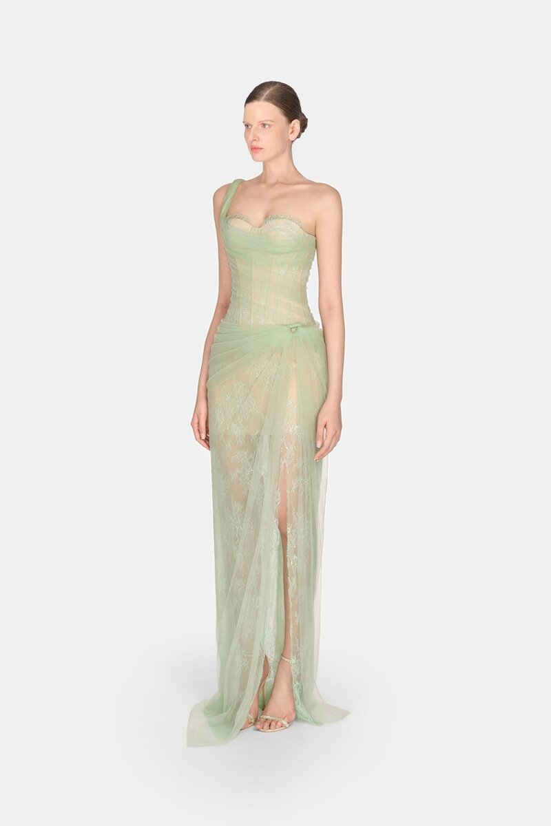 Mandy One-Shoulder Lace Tulle Maxi Dress In Mint