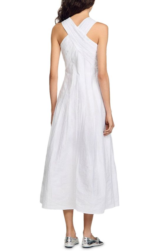 Flowering Girl Women High Crossover V-Neck Pleated Maxi Dress In White