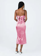 Pink Satin Halter Ruched Midi Dress with Back Bow