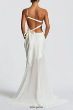 Lace-up beveled back satin maxi dress in ivory