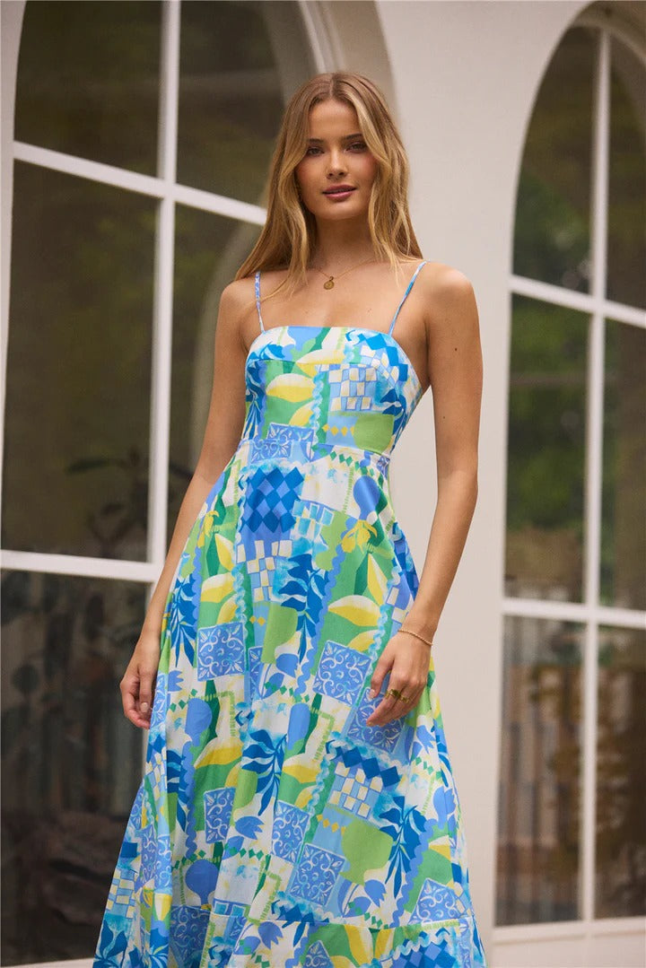 Flowering Girl Women Scalloped Trim Tropical Patchwork Print Spaghetti Strap Maxi Dress