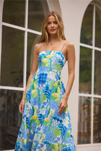 Flowering Girl Women Scalloped Trim Tropical Patchwork Print Spaghetti Strap Maxi Dress