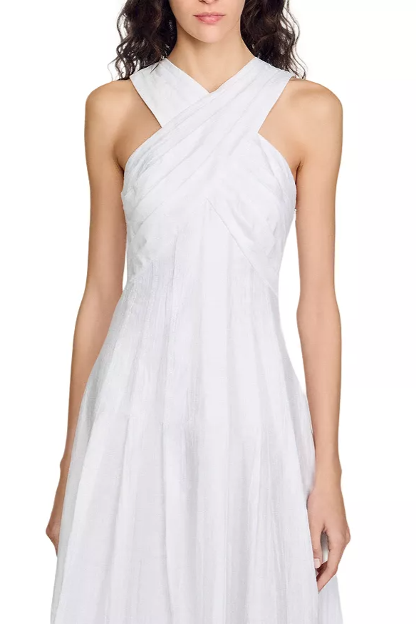 Flowering Girl Women High Crossover V-Neck Pleated Maxi Dress In White