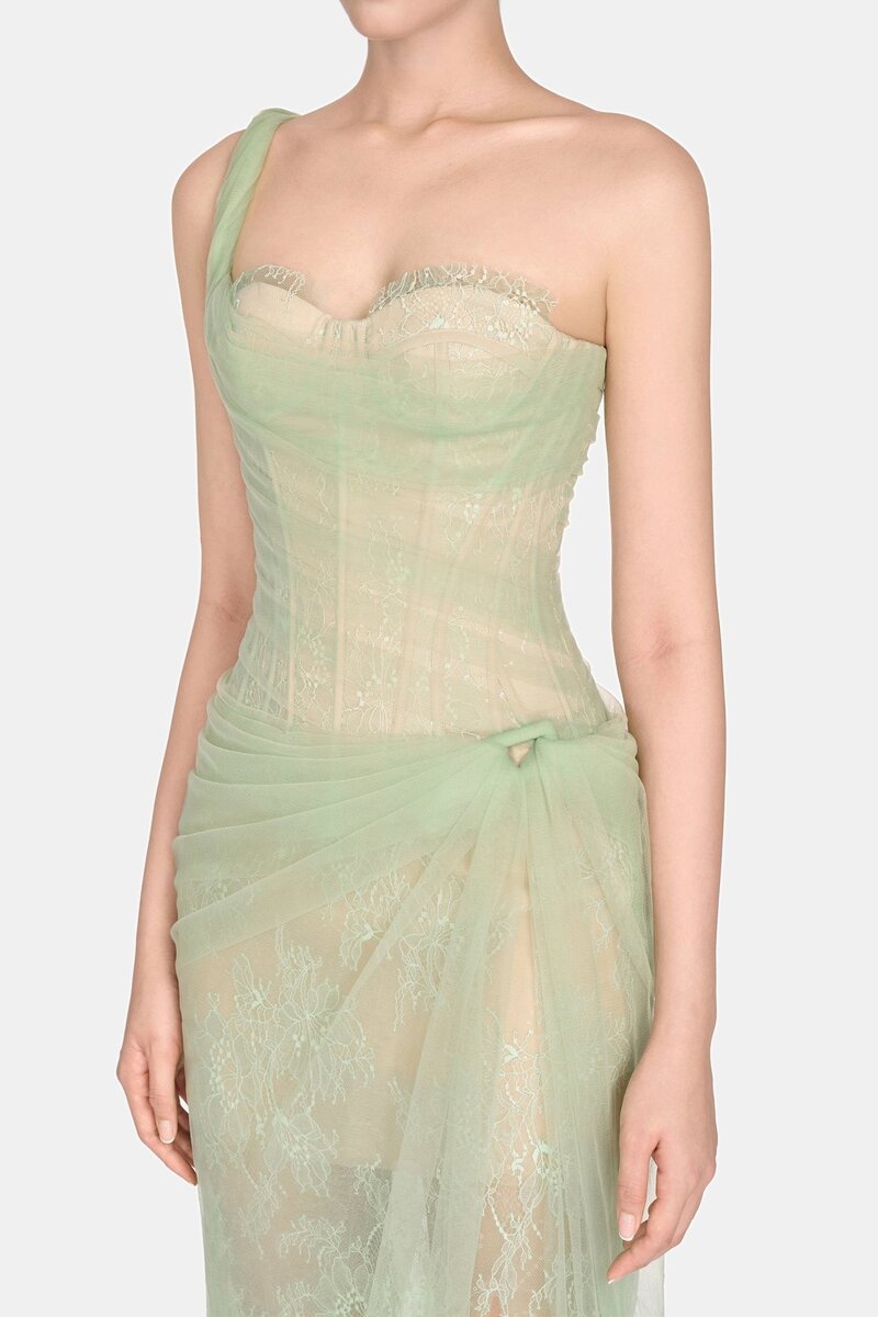 Mandy One-Shoulder Lace Tulle Maxi Dress In Mint