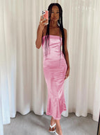 Pink Satin Halter Ruched Midi Dress with Back Bow