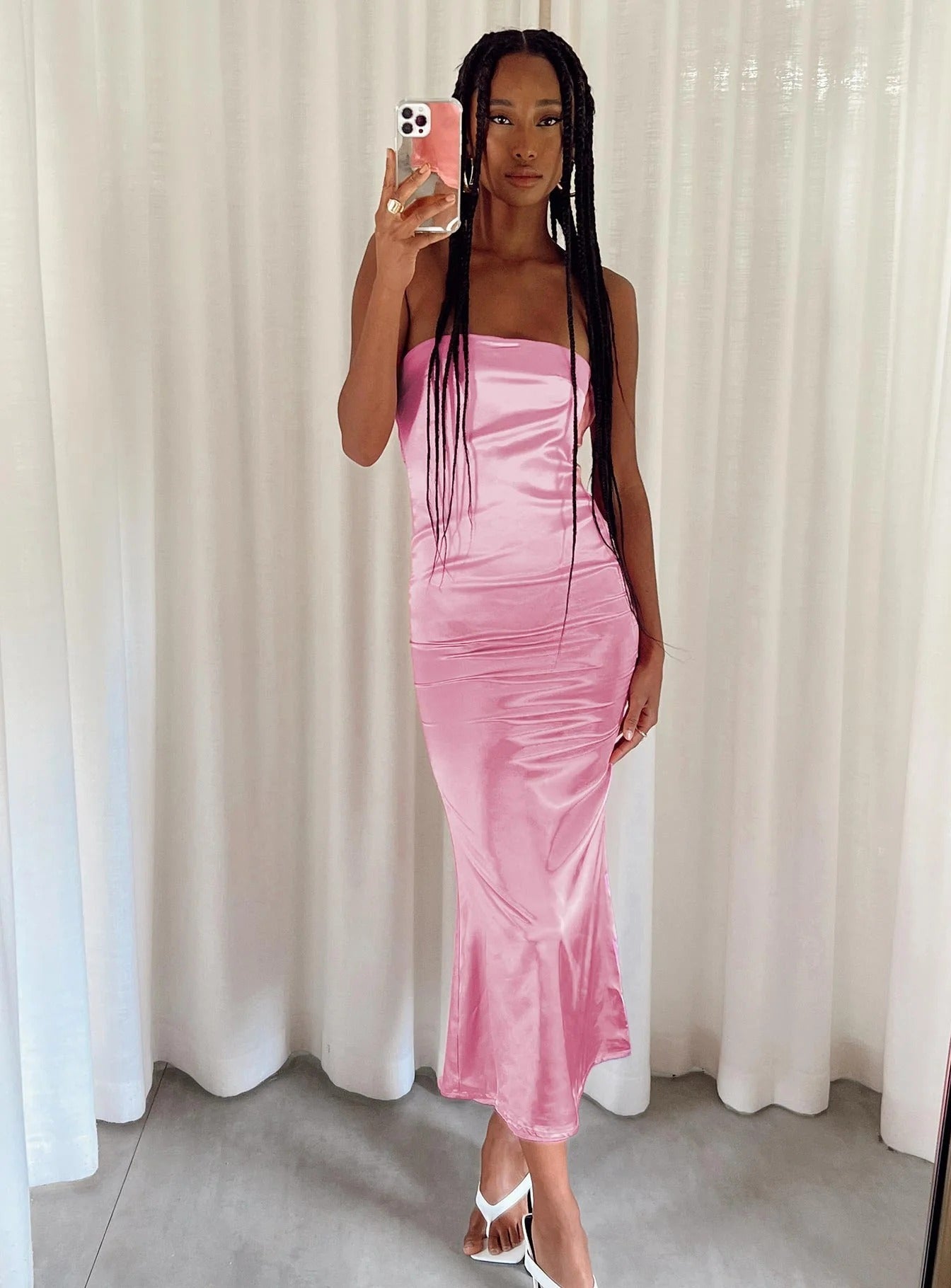 Pink Satin Halter Ruched Midi Dress with Back Bow
