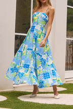Flowering Girl Women Scalloped Trim Tropical Patchwork Print Spaghetti Strap Maxi Dress