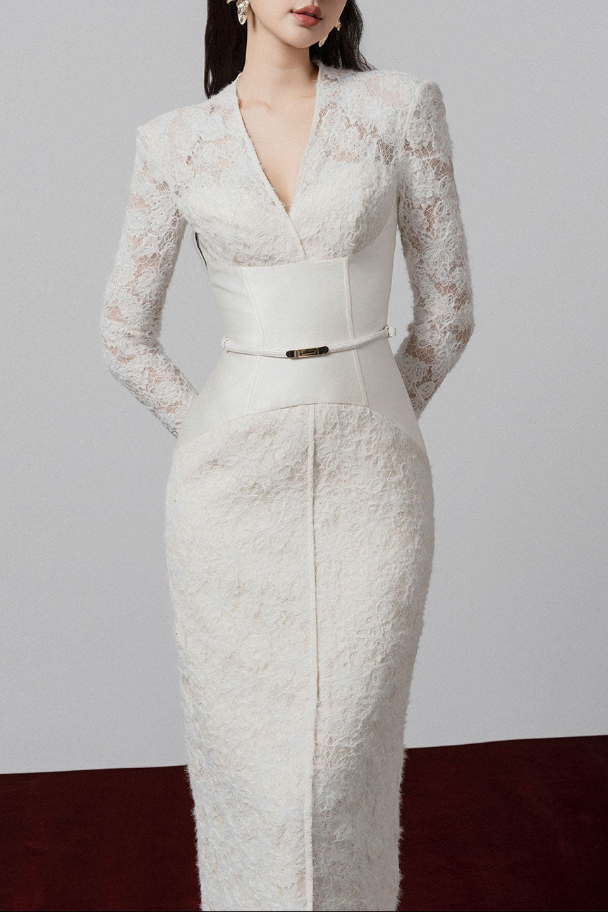 Kimberley White v-Neck Lace Patchwork Midi Dress
