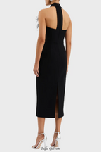 beatrice flower rhinestone feather halter Midi Dress in Black