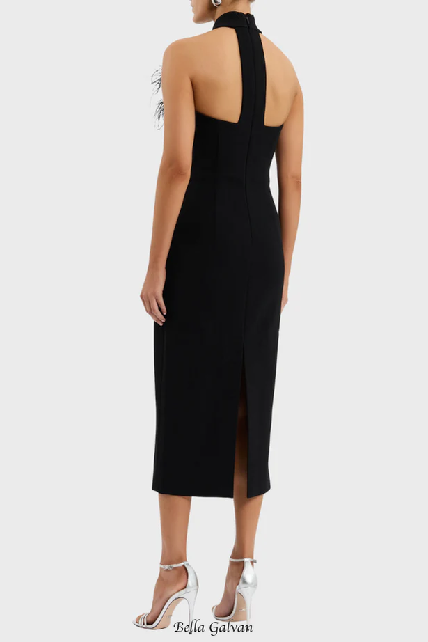 beatrice flower rhinestone feather halter Midi Dress in Black