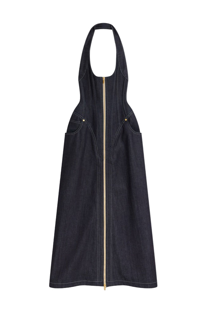 Flowering Girl Women Haltered Corseted Midi Dress Denim In Navy Blue