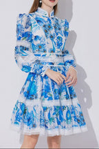 Sabrina Lace-Paneled Printed Lantern Sleeves Mini Dress In Blue