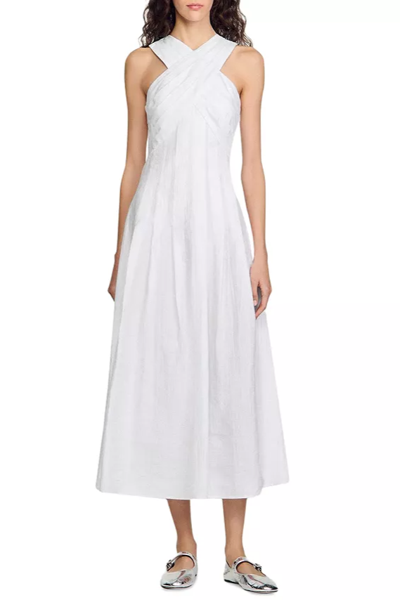 Flowering Girl Women High Crossover V-Neck Pleated Maxi Dress In White