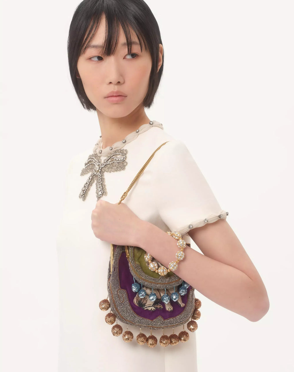 Jocelyn Rhinestone Embroidered Crepe Mini Dress In Ivory