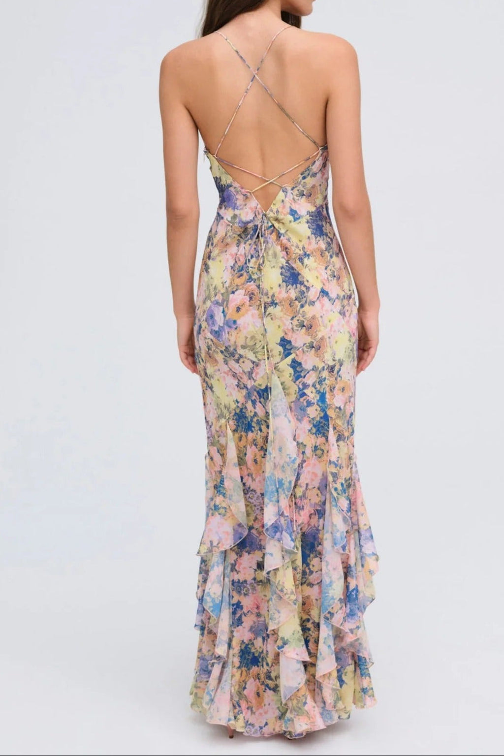 Flowering Girl Women rebecca Floral print ruffle backless maxi dress - blue