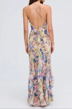 Flowering Girl Women rebecca Floral print ruffle backless maxi dress - blue
