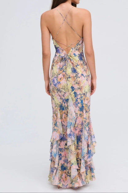 rebecca Floral print ruffle backless maxi dress - blue