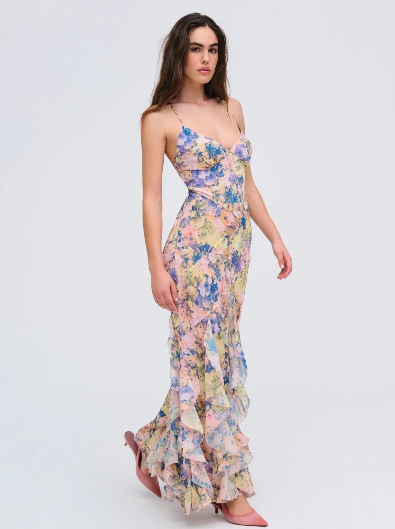 Flowering Girl Women rebecca Floral print ruffle backless maxi dress - blue