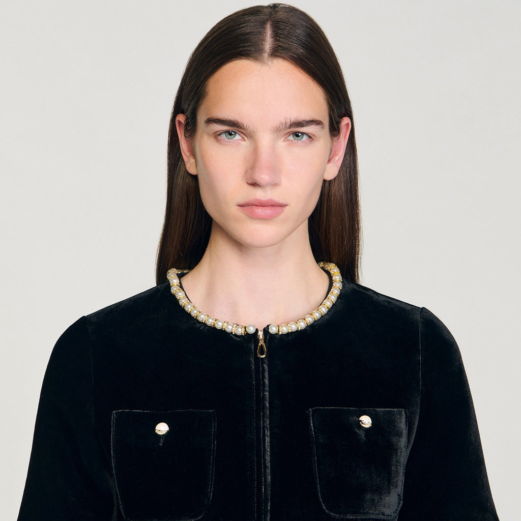 Pearl-trimmed collar zipper velvet pleated dress in black