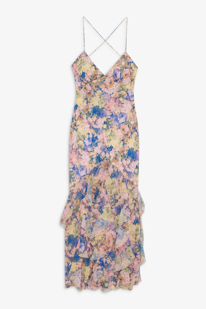 rebecca Floral print ruffle backless maxi dress - blue