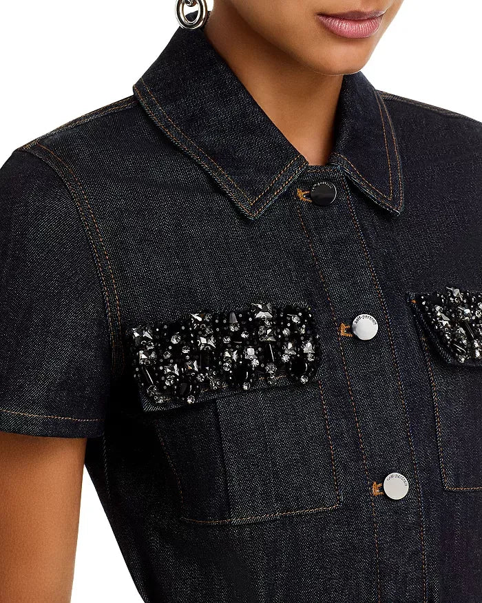 Miriam Denim Crystal Trim Mini Dress In Black