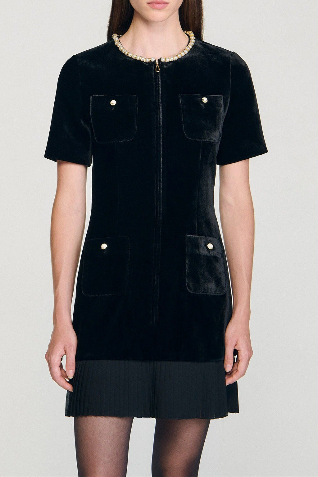 Pearl-Trimmed Collar Zipper Velvet Pleated Dress In Black