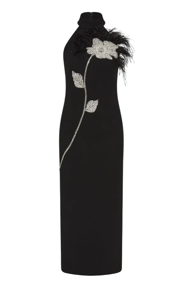 Beatrice Flower Rhinestone Feather Halter Midi Dress In Black