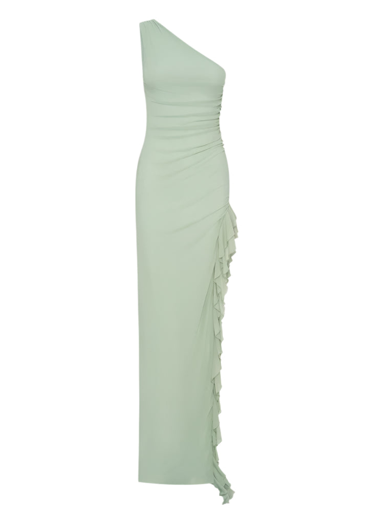 One-Shoulder Slit Ruffle Trim Maxi Dress In Sage Green