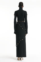 Button-Embellished Cotton-Jersey Top Maxi Skirt Suit In Black