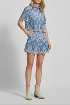 Blue & White Embroidered Puff Sleeve Lace Blouse