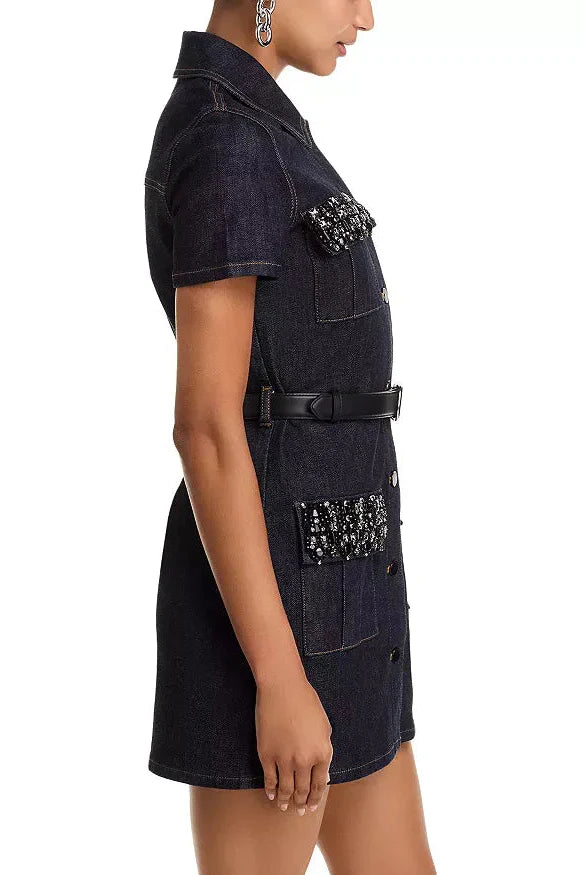 Miriam Denim Crystal Trim Mini Dress In Black