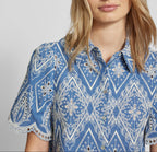 Blue & White Embroidered Puff Sleeve Lace Blouse