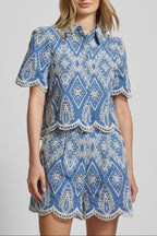 Blue & White Embroidered Puff Sleeve Lace Blouse