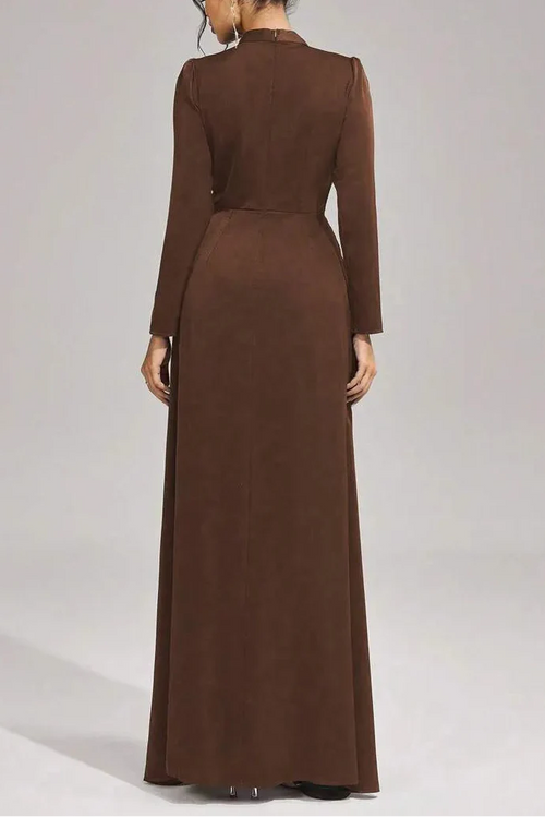 Beulah Long Sleeves With Beading Pleated Maxi Dress In Brown