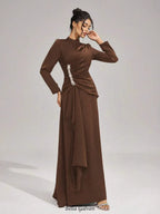 beulah Long sleeves with beading pleated maxi dress in brown