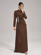 Beulah Long Sleeves With Beading Pleated Maxi Dress In Brown