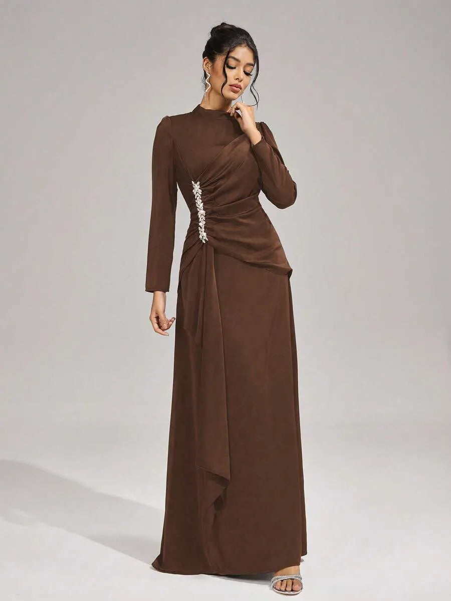 Beulah Long Sleeves With Beading Pleated Maxi Dress In Brown
