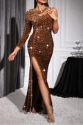 Flowering Girl Women Anila Asymmetrical Neck Side Slit Bodycon Maxi Dress In Gold
