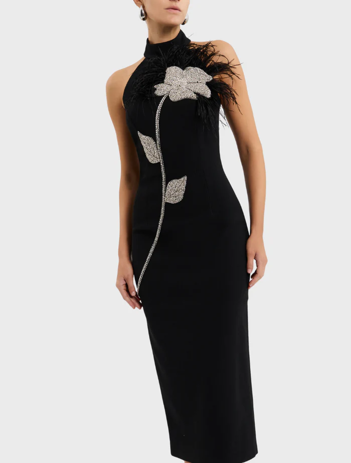 Beatrice Flower Rhinestone Feather Halter Midi Dress In Black
