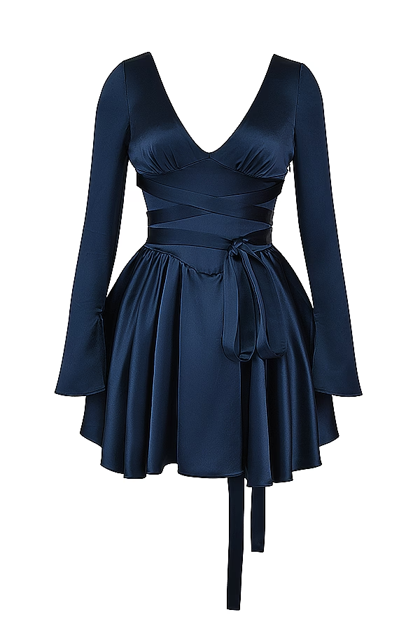 Flowering Girl Women Plunge v-Neck Mini Dress In Navy
